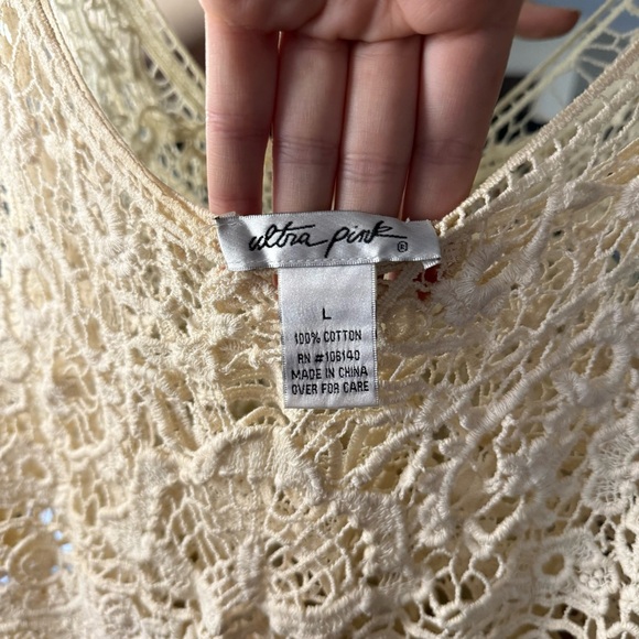 Ultra Pink 100% Cotton Crochet Lace Bohemian Free-Spirited Earthy Cream Tank Top - Picture 2 of 5